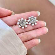 CHANEL 26S DOUBLE C LOGO PEARL TRIM ROUND STUD EARRINGS IN SILVER METAL 631020