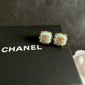 CHANEL 26S DOUBLE C LOGO MINT ENAMEL SQUARE STUD EARRINGS WITH CRYSTAL DETAIL IN GOLD METAL 631028