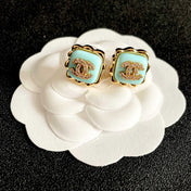 CHANEL 26S DOUBLE C LOGO MINT ENAMEL SQUARE STUD EARRINGS WITH CRYSTAL DETAIL IN GOLD METAL 631028