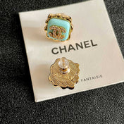 CHANEL 26S DOUBLE C LOGO MINT ENAMEL SQUARE STUD EARRINGS WITH CRYSTAL DETAIL IN GOLD METAL 631028
