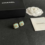 CHANEL 26S DOUBLE C LOGO MINT ENAMEL SQUARE STUD EARRINGS WITH CRYSTAL DETAIL IN GOLD METAL 631028