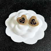 CHANEL 26S DOUBLE C LOGO PAVE HEART STUD EARRINGS WITH BLACK ENAMEL IN GOLD METAL 631814