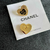 CHANEL 26S DOUBLE C LOGO PAVE HEART STUD EARRINGS WITH BLACK ENAMEL IN GOLD METAL 631814