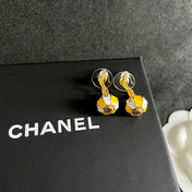 CHANEL 26S DOUBLE C LOGO BALL DROP EARRINGS IN YELLOW AND WHITE ENAMEL WITH GOLD METAL 631904