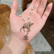 CHANEL 26S DOUBLE C LOGO FAWN CHARM NECKLACE WITH PEARL CHAIN IN GOLD METAL 633292
