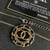 CHANEL 26S DOUBLE C LOGO BLACK ENAMEL ROPE EDGE ROUND PENDANT NECKLACE IN GOLD METAL 633296