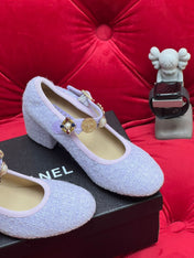 HIGH MARY JANE SHOES LIGHT BLUE WOOL TWEED