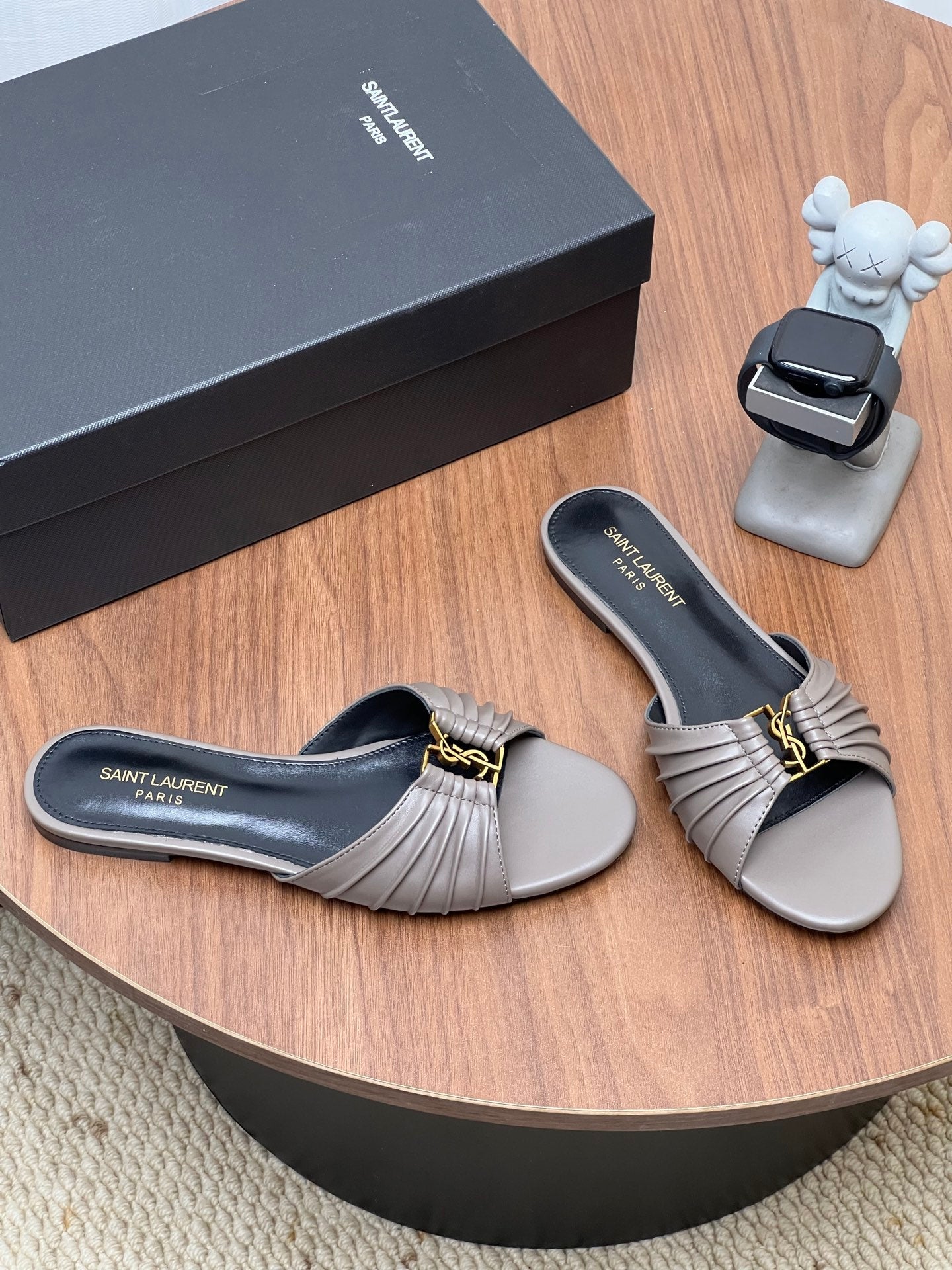 YSL 26S SLIDES IN DARK GREY CALFSKIN