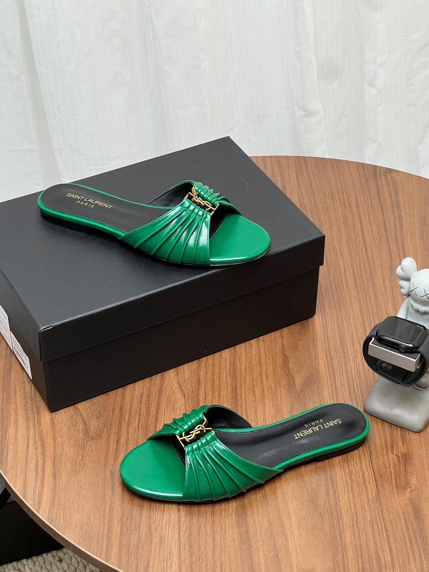YSL 26S SLIDES IN DARK GREEN CALFSKIN