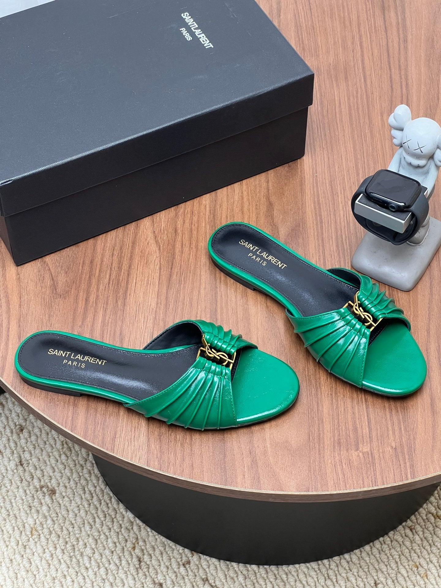 YSL 26S SLIDES IN DARK GREEN CALFSKIN