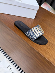 DIOR 26S D-WAY SLIDE IN BLUE DIOR OBLIQUE EMBROIDERED COTTON WITH GOLD HARDWARE