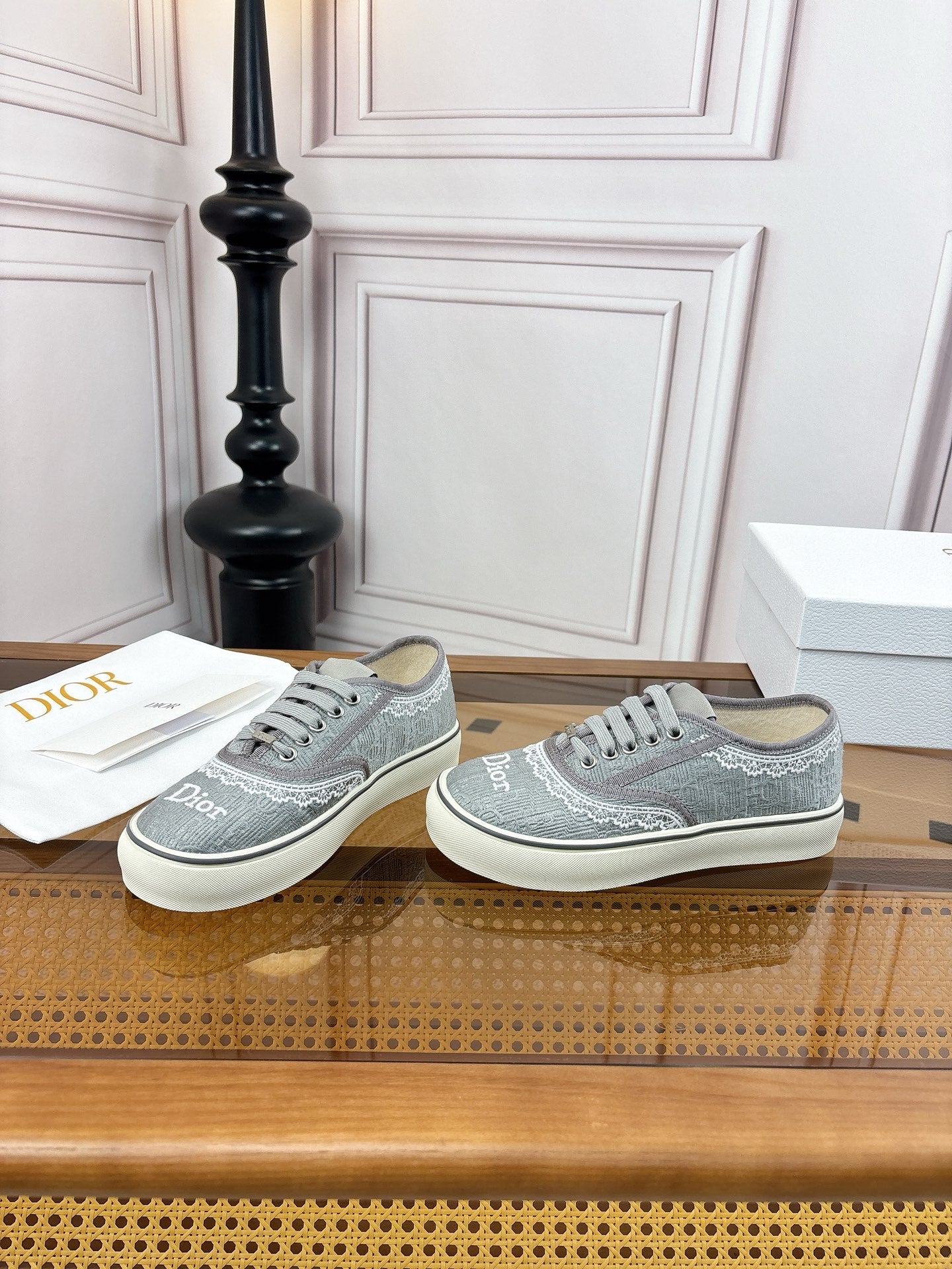 DIOR 26S LOW TOP SNEAKERS IN GREY CANVAS WITH WHITE LACE TRIM & LOGO PRINT