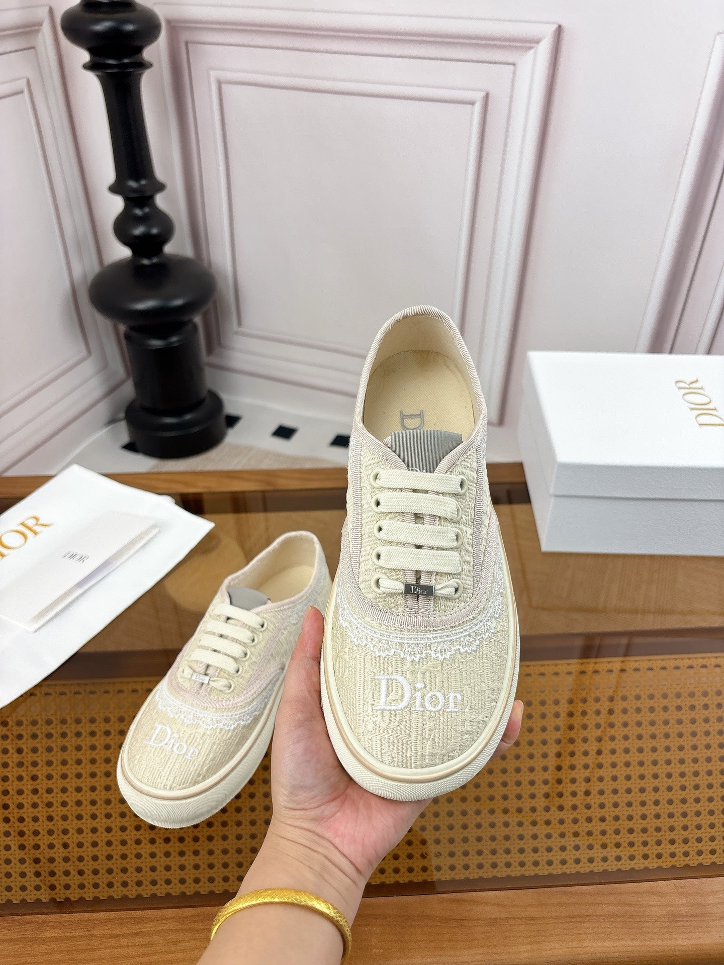 DIOR 26S LOW TOP SNEAKERS IN BEIGE CANVAS WITH WHITE LACE TRIM & LOGO PRINT