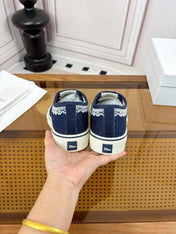 DIOR 26S LOW TOP SNEAKERS IN NAVY BLUE CANVAS WITH WHITE LACE TRIM & LOGO PRINT