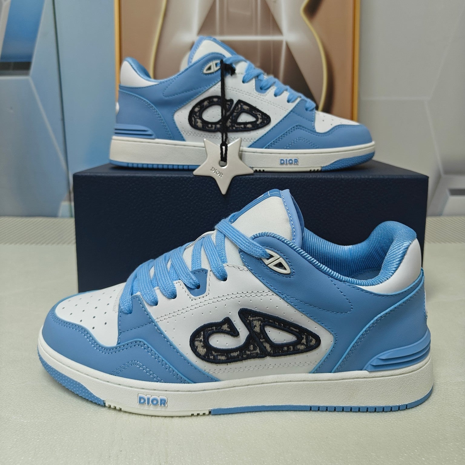 DIOR 26S LOW-TOP SNEAKER IN WHITE AND BLUE CALFSKIN