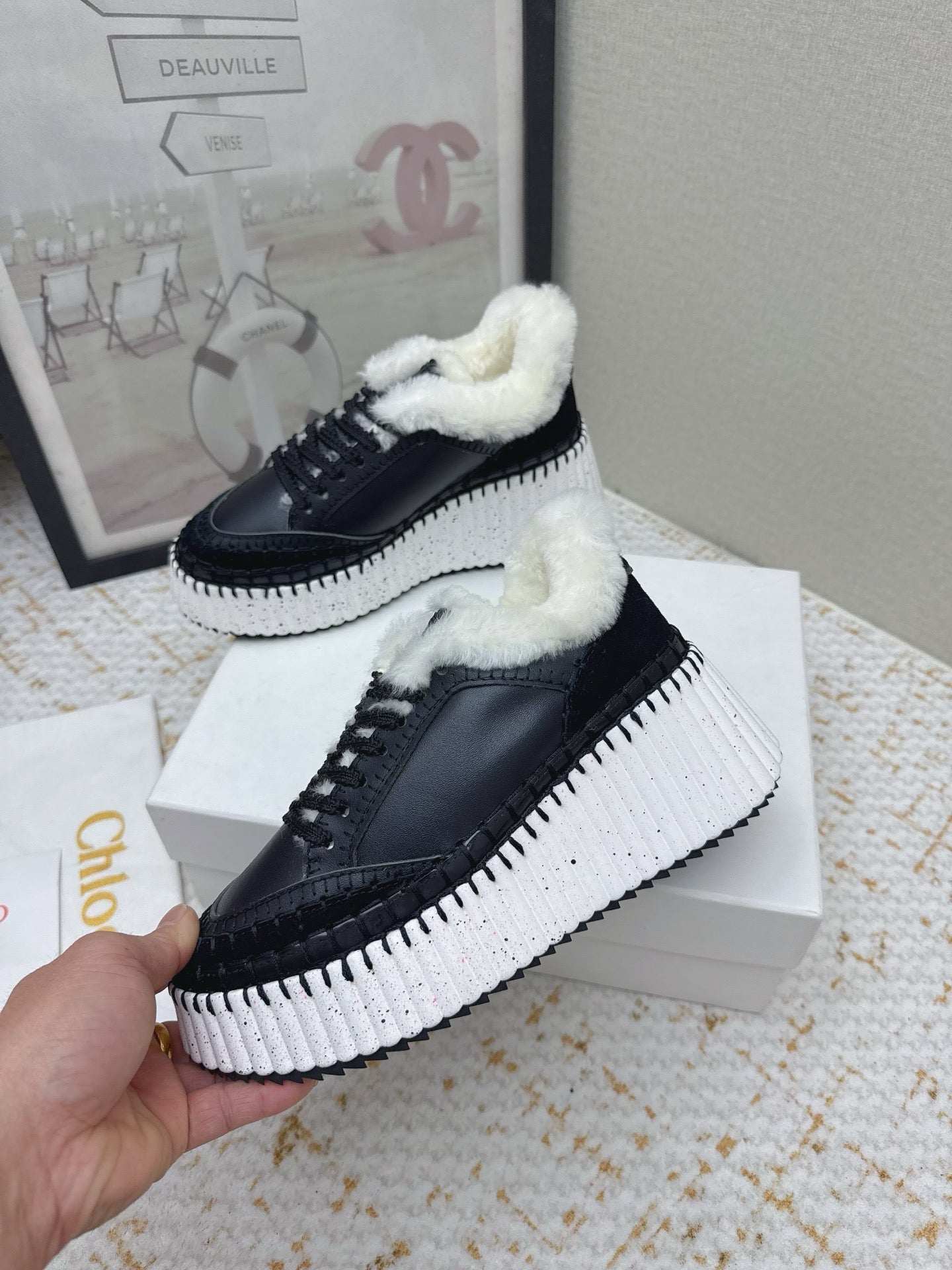 CHLOÉ 26S WEDGE SOLE SNEAKERS IN BLACK CALFSKIN