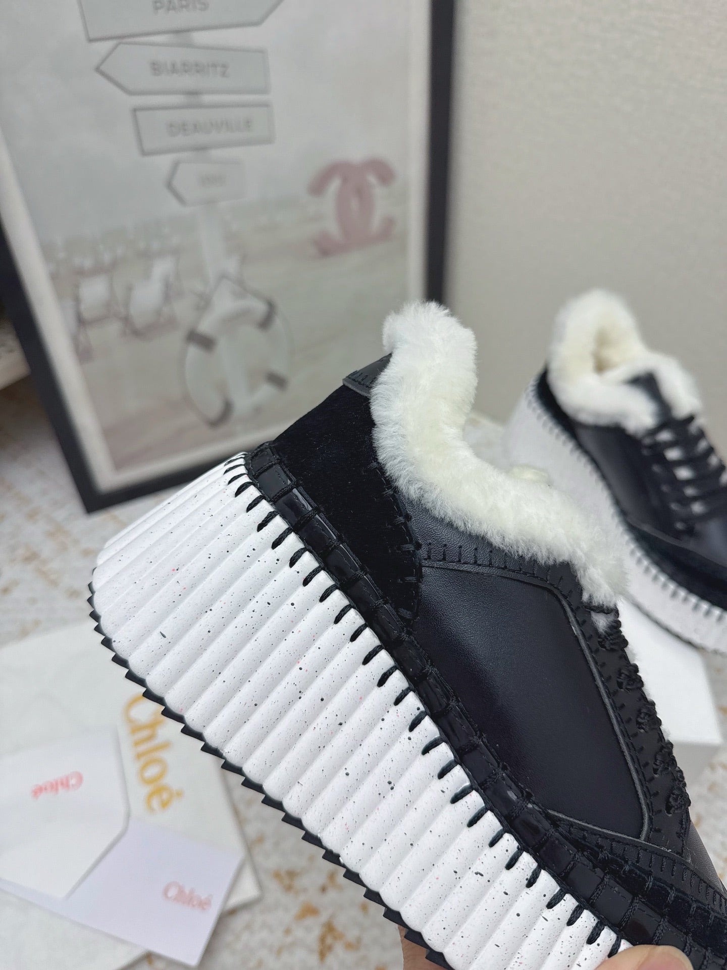 CHLOÉ 26S WEDGE SOLE SNEAKERS IN BLACK CALFSKIN