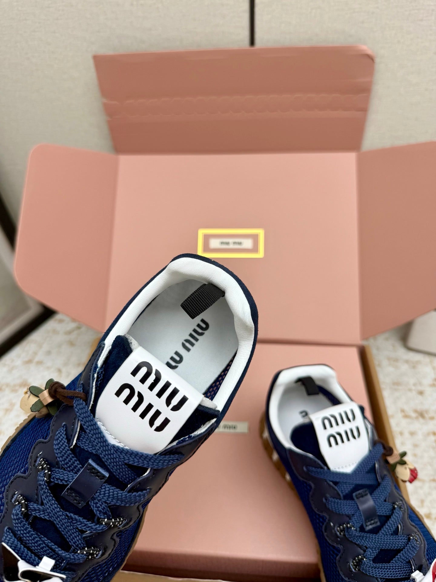 MIUMIU 26S CHARM SNEAKERS IN NAVY BLUE MESH AND SUEDE