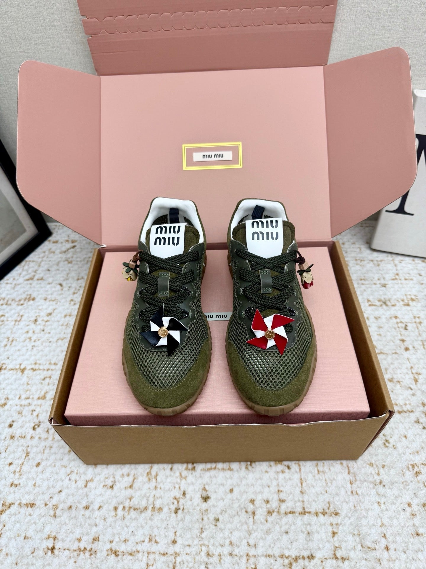 MIUMIU 26S CHARM SNEAKERS IN OLIVE GREEN MESH AND SUEDE