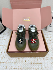 MIUMIU 26S CHARM SNEAKERS IN OLIVE GREEN MESH AND SUEDE
