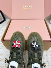 MIUMIU 26S CHARM SNEAKERS IN OLIVE GREEN MESH AND SUEDE