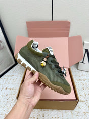 MIUMIU 26S CHARM SNEAKERS IN OLIVE GREEN MESH AND SUEDE