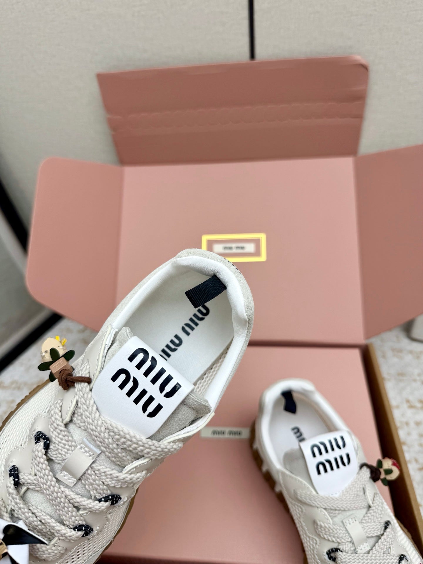 MIUMIU 26S CHARM SNEAKERS IN WHITE MESH AND SUEDE