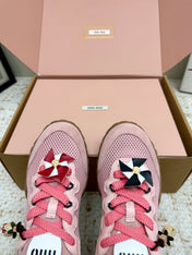 MIUMIU 26S CHARM SNEAKERS IN PINK MESH AND SUEDE