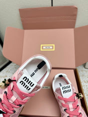 MIUMIU 26S CHARM SNEAKERS IN PINK MESH AND SUEDE
