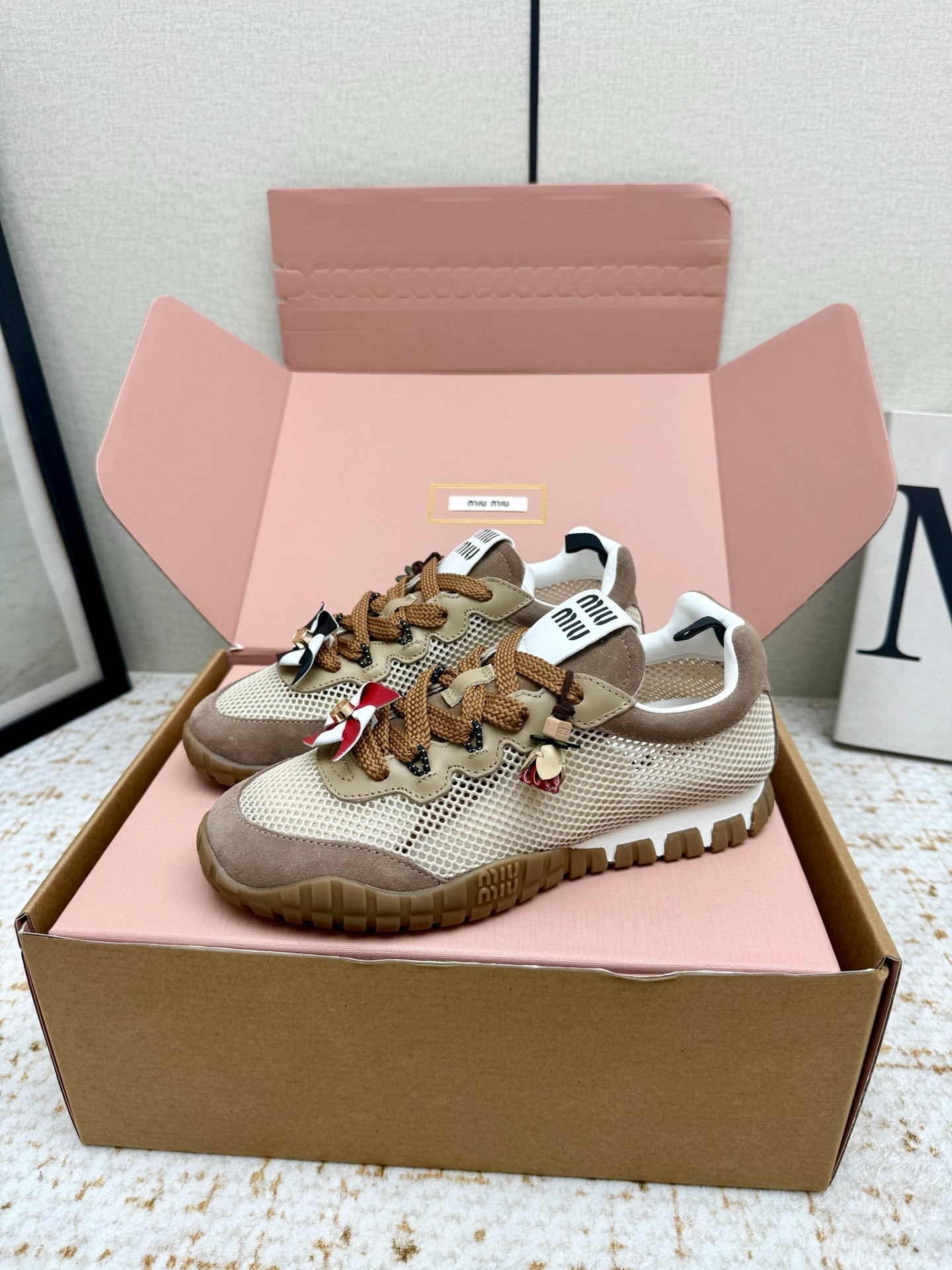 MIUMIU 26S CHARM SNEAKERS IN BROWN SUEDE AND WHITE MESH