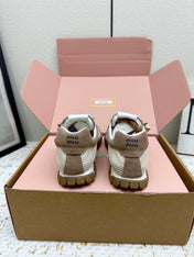 MIUMIU 26S CHARM SNEAKERS IN BROWN SUEDE AND WHITE MESH