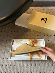 THE ROW 26S OPEN TOE MULES IN SAND BROWN SUEDE
