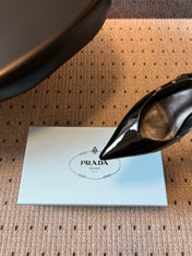 PRADA 26S POINTED TOE SLINGBACK HEELS 55MM IN BLACK PATENT CALFSKIN