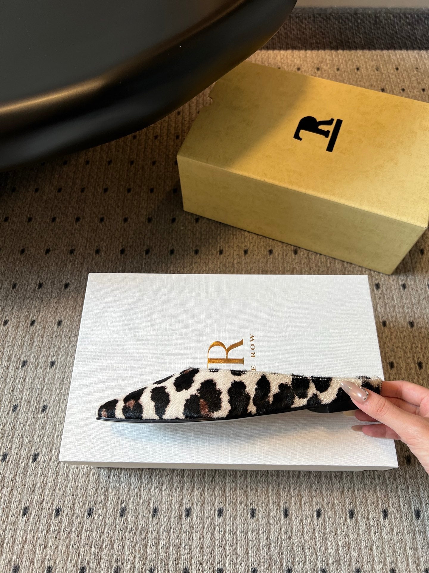THE ROW 26S SQUARE TOE BACKLESS SLIDES IN WHITE COW PRINT CALF HAIR