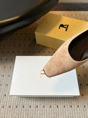 THE ROW 26S SQUARE TOE BACKLESS SLIDES IN LIGHT BROWN CALF HAIR