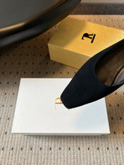 THE ROW 26S SQUARE TOE BACKLESS SLIDES IN BLACK CALF HAIR