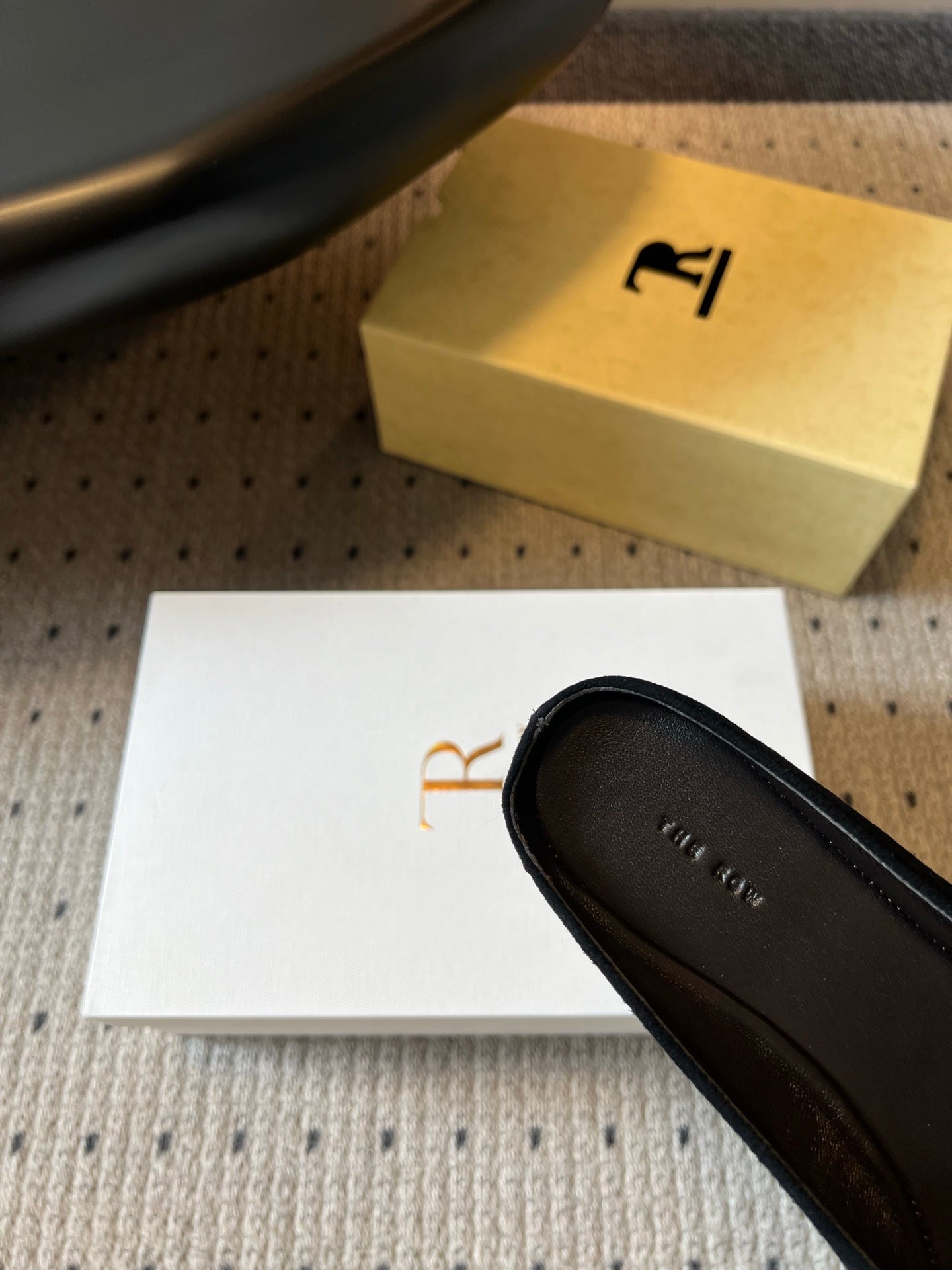 THE ROW 26S SQUARE TOE BACKLESS SLIDES IN BLACK CALF HAIR