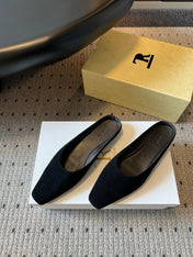 THE ROW 26S SQUARE TOE BACKLESS SLIDES IN BLACK CALF HAIR