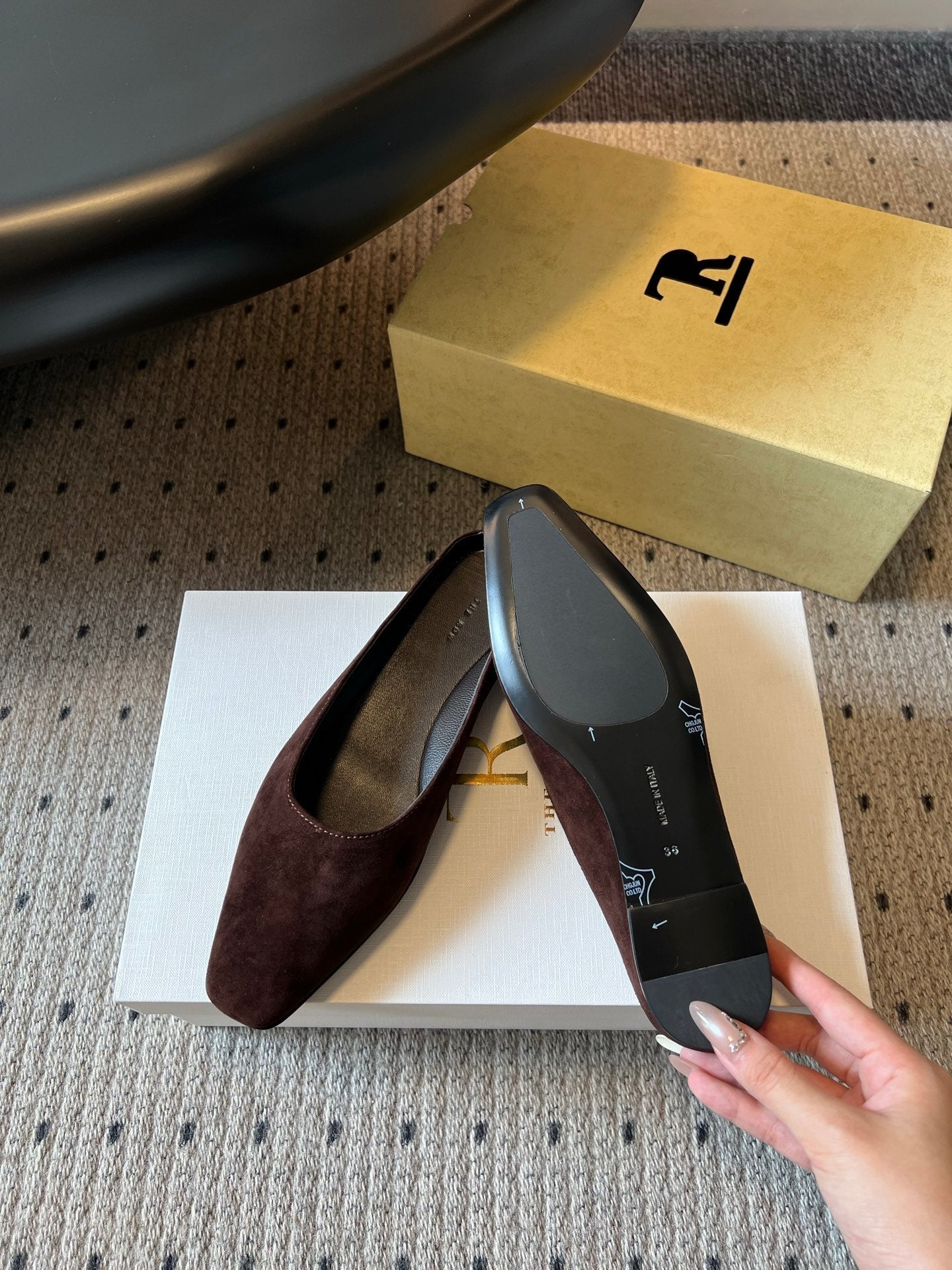 THE ROW 26S SQUARE TOE BACKLESS SLIDES IN DARK BROWN CALF HAIR