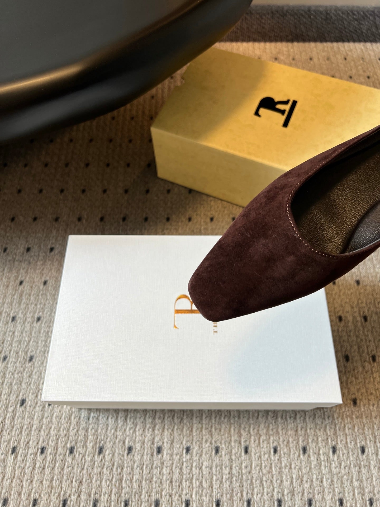 THE ROW 26S SQUARE TOE BACKLESS SLIDES IN DARK BROWN CALF HAIR