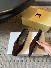 THE ROW 26S SQUARE TOE BACKLESS SLIDES IN DARK BROWN CALF HAIR