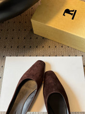 THE ROW 26S SQUARE TOE BACKLESS SLIDES IN DARK BROWN CALF HAIR