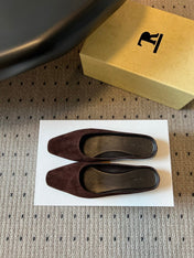 THE ROW 26S SQUARE TOE BACKLESS SLIDES IN DARK BROWN CALF HAIR