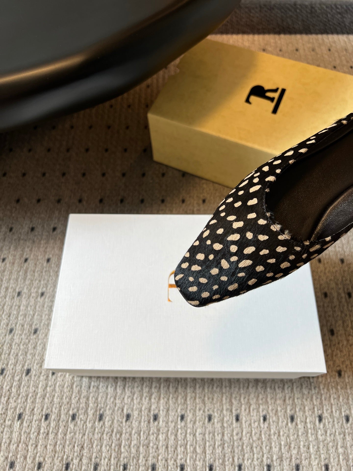 THE ROW 26S SQUARE TOE BACKLESS SLIDES IN BLACK SPOTTED CALF HAIR