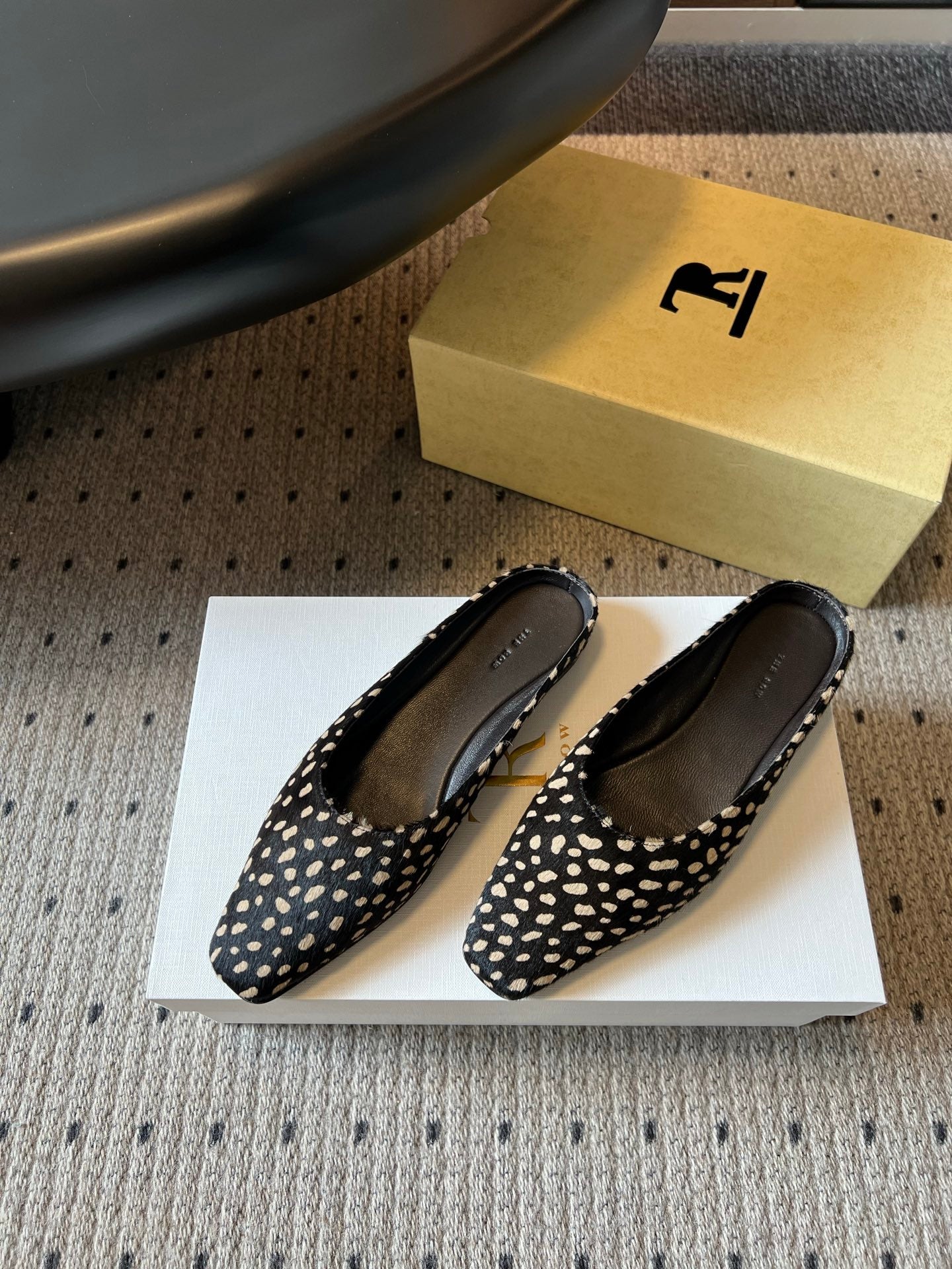 THE ROW 26S SQUARE TOE BACKLESS SLIDES IN BLACK SPOTTED CALF HAIR