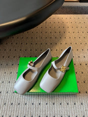 BOTTEGA VENETA 26S MARY JANE FLATS IN DARK GREY LAMBSKIN WITH GOLD HARDWARE