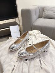 DIOR 26S MARY JANE PUMPS IN SILVER LAMBSKIN PEARL-ADORNED STRAP