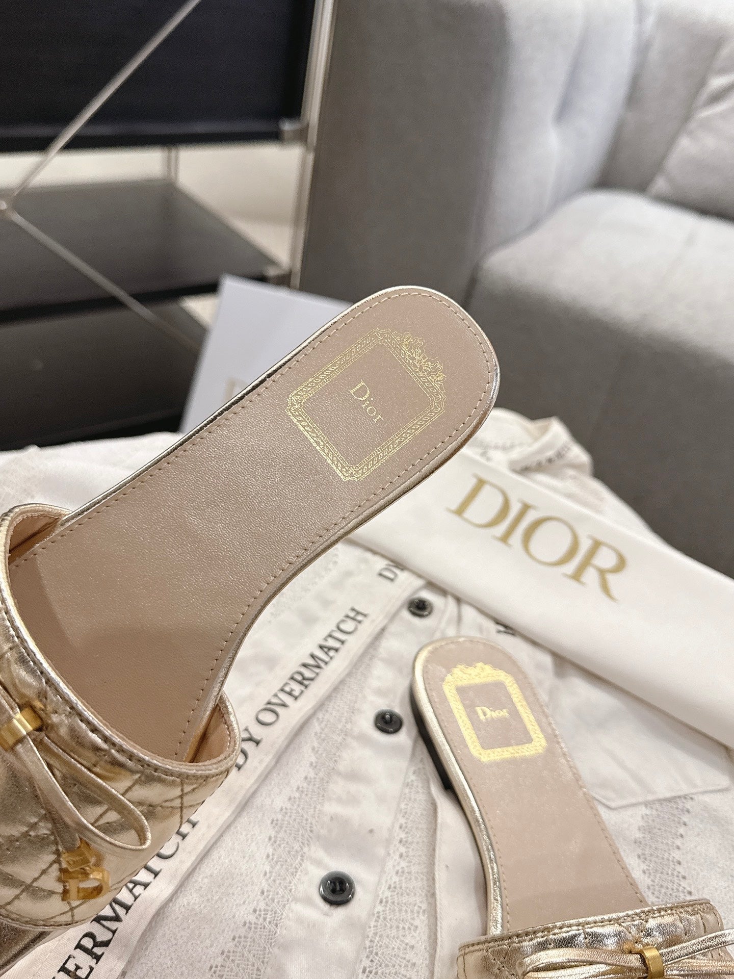 DIOR 26S FLAT MULES IN GOLD QUILTED CALFSKIN GOLD HARDWARE