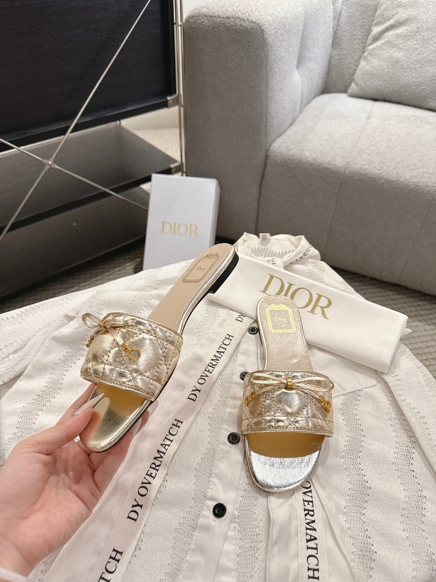 DIOR 26S FLAT MULES IN GOLD QUILTED CALFSKIN GOLD HARDWARE