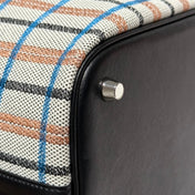 PICOTIN LOCK 18 BAG IN BLACK CALFSKIN ÉCRU/NOIR/FAUVE/NOIR/BLEU ZANZIBAR EMBROIDERY PLAID CANVAS